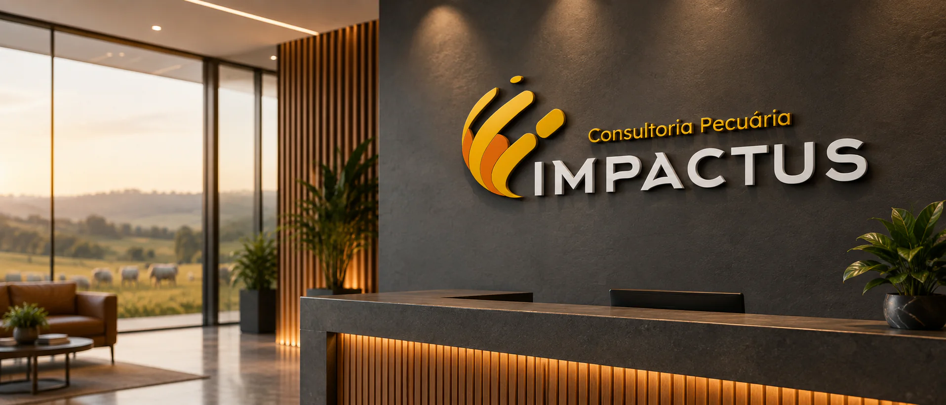 Recepção da Impactus com o logo da consultoria e vista para o campo